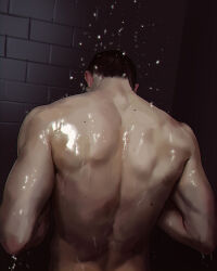 1boy back back_muscles brown_hair commentary_request cowboy_shot dimples_of_venus highres korean_commentary male_focus nude original realistic short_hair shoulder_blades showering solmuk0 solo water wet wet_hair