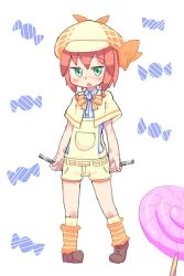 Rule 34 | 10s, 1girl, candy, female focus, food, full body, green eyes, hat, lollipop, open mouth, red hair, rod, short hair, short shorts, shorts, solo, standing, tantei opera milky holmes, white background, yuzurizaki nero