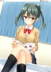 Rule 34 | 10s, 1girl, alternate costume, bed, bed sheet, bedroom, black legwear, blouse, blush, bow, buttons, cardigan, contemporary, crossed legs, curtains, dutch angle, from below, green eyes, green hair, hair between eyes, hair bow, hair ribbon, hino (2nd life), indoors, kantai collection, looking at viewer, miniskirt, on bed, open magazine, pleated skirt, ribbon, shirt, sitting, skirt, solo, white shirt, zuikaku (kancolle)