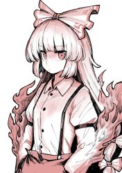 Rule 34 | 1girl, bow, buttons, closed mouth, collared shirt, commentary request, cowboy shot, fire, fujiwara no mokou, hair bow, hand in pocket, juliet sleeves, long hair, long sleeves, looking at viewer, monochrome, oninamako, puffy sleeves, shirt, simple background, solo, suspenders, touhou, white background
