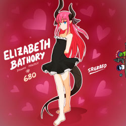 Rule 34 | 1girl, barefoot, blue eyes, dragon girl, dragon horns, dragon tail, elizabeth bathory (fate), fate/grand order, fate (series), flat chest, horns, pink hair, red background, srgrafo, tail