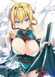 Rule 34 | 1girl, 3:, absurdres, alternate costume, artoria pendragon (all), artoria pendragon (fate), blonde hair, blue eyes, blush, braid, braided hair rings, breasts, china dress, chinese clothes, closed mouth, cowboy shot, double bun, dress, fate/grand order, fate (series), folded fan, folding fan, hair between eyes, hair bun, hair intakes, hair rings, hand fan, hands up, highres, holding, large breasts, long hair, looking at viewer, saber (fate), simple background, solo, tsurime, water drop, white background, zelitto