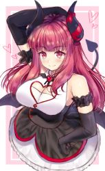 Rule 34 | 1girl, arm up, bad id, bad pixiv id, bare shoulders, black gloves, black skirt, black wings, blush, breasts, cleavage, cleavage cutout, closed mouth, clothing cutout, commentary request, curled horns, demon girl, demon horns, demon tail, demon wings, elbow gloves, eve.ch, eve valerne, fingernails, gloves, heart, heart cutout, high-waist skirt, highres, honami (yths4221), horn ornament, horn ribbon, horns, indie virtual youtuber, large breasts, long hair, red eyes, red hair, red ribbon, ribbon, shirt, skirt, sleeveless, sleeveless shirt, smile, solo, demon girl, tail, very long hair, virtual youtuber, white shirt, wings