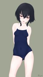 Rule 34 | 10s, 1girl, :o, arms behind back, bare arms, bare legs, bare shoulders, biophile-ac, biophile ac, black hair, blue one-piece swimsuit, breasts, brown eyes, collarbone, competition school swimsuit, contrapposto, covered navel, gluteal fold, green background, hair between eyes, half-closed eyes, highres, i-13 (kancolle), kantai collection, looking away, looking down, new school swimsuit, one-piece swimsuit, open mouth, school swimsuit, short hair, signature, simple background, small breasts, solo, standing, swimsuit, teeth, tongue