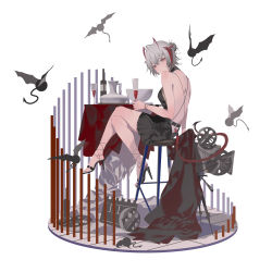 Rule 34 | 1girl, absurdres, alcohol, arknights, bad id, bad pixiv id, bare back, bat (animal), black dress, black footwear, black skirt, bottle, breasts, cage, cup, demon girl, demon horns, demon tail, dress, drinking glass, feet, film set, formal, full body, grey hair, high heels, highres, holding, holding cup, horns, looking at viewer, looking back, nail polish, red eyes, red nails, shoes, short hair, sitting, skirt, solo, tail, tatatsu, w (arknights), wine, wine bottle, wine glass