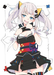 Rule 34 | 1girl, black dress, blue eyes, breasts, cleavage, cleavage cutout, clothing cutout, d-pad, d-pad hair ornament, dress, hair ornament, ixy, kaguya luna, looking at viewer, medium breasts, obi, open mouth, ribbon, sash, silver hair, sleeveless, sleeveless dress, solo, the moon studio, thighhighs, twintails, virtual youtuber, white background, white ribbon, wrist ribbon