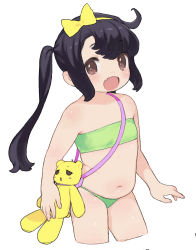 Rule 34 | 1girl, belly, bikini, black hair, blush, bow, brown eyes, copyright request, cropped legs, fang, green bikini, long hair, mizuno uchi, open mouth, simple background, smile, solo, swimsuit, twintails, white background, yellow bow
