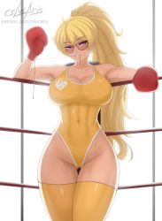 Rule 34 | 1girl, armpits, artist name, aviator sunglasses, bare shoulders, black hair, blonde hair, boxing gloves, boxing ring, breasts, cleavage, collarbone, covered navel, cslucaris, glasses, gluteal fold, large breasts, long hair, looking to the side, ponytail, purple eyes, rwby, sleeveless, solo, sunglasses, sweat, thigh gap, thighhighs, thighs, tinted eyewear, wide hips, yang xiao long