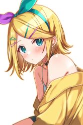 Rule 34 | 1girl, absurdres, aqua eyes, aqua hairband, bare shoulders, black choker, blonde hair, blush, bow, choker, closed mouth, crescent moon, expressionless, eyelashes, from side, hair bow, hair ornament, hairband, hairclip, highres, jacket, kagamine rin, looking at viewer, moon, naruse nagi, off-shoulder jacket, off shoulder, project sekai, short hair, simple background, solo, swept bangs, tank top, upper body, vocaloid, white background, white tank top, yellow jacket