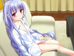 Rule 34 | 1girl, blue hair, blush, braid, couch, female focus, game cg, ginta, indoors, legs, long hair, naked shirt, no pants, red eyes, shirt, sitting, solo, sugar + spice, twintails