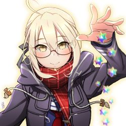 Rule 34 | 1girl, 2017, :&gt;, absurdres, ahoge, alcoholrang, arm at side, artoria pendragon (all), artoria pendragon (fate), black-framed eyewear, black jacket, blonde hair, blush, brown eyes, closed mouth, commentary request, dated, drawstring, dropping, fate/grand order, fate (series), fingernails, glasses, hair between eyes, hair ribbon, highres, jacket, long sleeves, looking at viewer, motion blur, mysterious heroine x alter (fate), mysterious heroine x alter (first ascension) (fate), neckerchief, open clothes, open hand, open jacket, outstretched arm, palms, plaid, plaid scarf, red neckerchief, red scarf, ribbon, saber (fate), saint quartz (fate), scarf, school uniform, semi-rimless eyewear, serafuku, short hair, simple background, smile, solo, stellated octahedron, under-rim eyewear, upper body, white background, yellow eyes