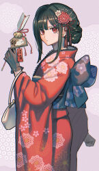 Rule 34 | 1girl, alternate costume, alternate hairstyle, arrow (projectile), bag, braid, brown hair, clenched hand, closed mouth, danganronpa (series), danganronpa v3: killing harmony, floral print, flower, from side, hair flower, hair ornament, hair ribbon, handbag, harukawa maki, highres, holding, holding arrow, japanese clothes, kimono, mole, mole under eye, red eyes, red flower, red kimono, red ribbon, ribbon, solo, visket53