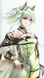 Rule 34 | 1girl, animal ear fluff, animal ears, arknights, bad id, bad pixiv id, bare shoulders, cat ears, closed mouth, coat, collarbone, commentary request, cowboy shot, detached collar, dress, female focus, green dress, green eyes, green hair, highres, jewelry, kal&#039;tsit (arknights), long sleeves, material growth, off shoulder, open clothes, open coat, oripathy lesion (arknights), ring, short hair, simple background, smile, solo, twitter username, watch, white background, white coat, wristwatch, yokaze (yokajie)