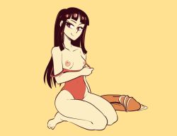 Rule 34 | 1girl, black hair, breasts, chi-chi (dragon ball), cleavage, female focus, kneeling, long hair, nipples, nortuet, one-piece swimsuit, red one-piece swimsuit, smile, swimsuit