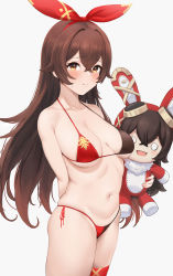 Rule 34 | 1girl, amber (genshin impact), arm behind back, bare shoulders, baron bunny (genshin impact), bikini, blush, breasts, brown eyes, brown hair, chagama teishoku, closed mouth, collarbone, commentary request, crossed bangs, genshin impact, highres, long hair, looking at viewer, medium breasts, navel, red bikini, red ribbon, ribbon, simple background, skindentation, smile, stuffed toy, swimsuit, thighs, white background