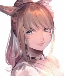 Rule 34 | 1girl, animal ears, bad id, bad pixiv id, blonde hair, blue eyes, cat ears, closed mouth, facial mark, final fantasy, final fantasy xiv, highres, jewelry, kuroge (kewagyuu), lips, long hair, miqo&#039;te, necklace, ponytail, portrait, sidelocks, simple background, slit pupils, smile, solo, warrior of light (ff14), whisker markings, white background