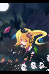 Rule 34 | 1girl, auer, bad id, bad pixiv id, belt, blonde hair, cat, cross, crown, fang, female focus, flandre scarlet, ghost, highres, one side up, pumpkin, red eyes, ribbon, scythe, side ponytail, solo, striped clothes, striped thighhighs, tail, tail ornament, tail ribbon, thighhighs, touhou, wings