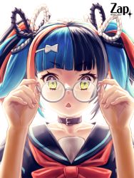 Rule 34 | 1girl, artist name, bespectacled, collar, fate/grand order, fate (series), fingernails, glasses, glasses day, multicolored hair, sailor collar, sei shounagon (fate), triangle mouth, twintails, twitter username, white background, yellow eyes, zap
