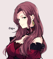 Rule 34 | 1girl, brown hair, closed mouth, dorothea arnault, earrings, fire emblem, fire emblem: three houses, green eyes, jewelry, long hair, naho (pi988y), nintendo, simple background, smile, solo, twitter username, upper body