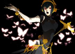 Rule 34 | 1girl, android, atlus, bad id, bad pixiv id, black hair, bug, butterfly, female focus, hammer, headdress, insect, metis (persona), open mouth, persona, persona 3, red eyes, shirano, short hair, simple background, solo, weapon