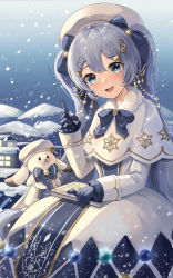 Rule 34 | 1girl, :d, absurdres, animal, conductor baton, beret, blue eyes, blue gloves, blue hair, blush, book, braid, braided bangs, building, capelet, commentary request, day, dress, gloves, hair between eyes, hand up, hat, hatsune miku, highres, holding, holding book, long hair, long sleeves, looking at viewer, open mouth, outdoors, rabbit, rabbit yukine, sleeves past wrists, smile, snow, snowing, twintails, very long hair, vocaloid, white capelet, white dress, white headwear, yuki miku, yuki miku (2021), zipgaemi