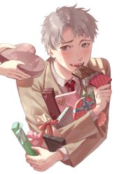 Rule 34 | 1boy, 1other, biting, blue ribbon, blush, bow, box, candy, character request, chocolate, chocolate bar, dress shirt, floral bow, food, food wrapper, formal, gift, gift box, giving, green ribbon, grey eyes, grey jacket, grey suit, heart, heart-shaped box, highres, holding, holding chocolate, holding food, holding gift, jacket, long sleeves, loveodoro, necktie, hugging object, open mouth, open wrapper, original, parted bangs, pink bow, red necktie, red ribbon, ribbon, shirt, short hair, shy, suit, upper body, white background, white shirt