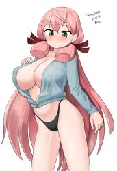 Rule 34 | 1girl, absurdres, akashi (kancolle), alternate costume, bikini, black bikini, blue jacket, blunt tresses, blush, breasts, cleavage, closed mouth, commentary request, cowboy shot, dated, green eyes, hair ribbon, highres, jacket, kantai collection, large breasts, long hair, long sleeves, maru (marg0613), navel, one-hour drawing challenge, partially unzipped, pink hair, ribbon, simple background, solo, swimsuit, tress ribbon, twitter username, very long hair, white background