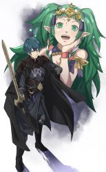 Rule 34 | 1boy, 1girl, absurdres, armor, black armor, black cape, blue eyes, blue hair, braid, byleth (fire emblem), byleth (male) (fire emblem), cape, closed mouth, dagger, fire emblem, fire emblem: three houses, green hair, hair ornament, highres, holding, holding sword, holding weapon, knife, long hair, nintendo, open mouth, pointy ears, pretty-purin720, sheath, sheathed, short hair, side braid, sothis (fire emblem), sword, tiara, twin braids, weapon