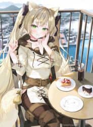 Rule 34 | 1girl, animal ears, belt, black choker, boots, bow, breasts, brown hair, cake, cake slice, choker, cup, day, drinking glass, food, green eyes, hair bow, highres, knee boots, long hair, looking at viewer, medium breasts, original, outdoors, sitting, solo, tail, yana mori