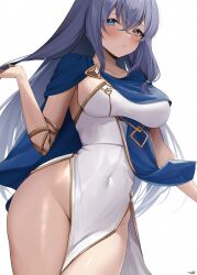 Rule 34 | 1girl, blue cape, blue eyes, blush, borrowed character, breasts, cape, commentary request, commission, covered navel, crossed bangs, dress, gold trim, hair between eyes, heterochromia, highres, long hair, medium breasts, original, parted lips, pelvic curtain, purple eyes, purple hair, shhilee, sideboob, signature, simple background, skeb commission, sleeveless, sleeveless dress, solo, thighs, white background, white dress