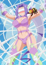 Rule 34 | armpits, ass, belt, bikini, blush, bra, breasts, bug, butterfly hair ornament, butterfly wings, butterfly wings gauntlets, cleavage, curvy, digimon, digimon frontier, facial mark, fairimon, fairy, fairy wings, garter straps, gauntlets, hair ornament, highres, insect wings, lingerie, long hair, medium breasts, navel, open mouth, otokamu, panties, purple bikini, purple bra, purple hair, purple panties, restrained, revealing clothes, shiny clothes, shiny skin, silk, spider, spider web, stuck, sweat, sweatdrop, swimsuit, thighhighs, thong, underwear, visor (armor), wide hips, wings