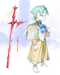 Rule 34 | 1boy, barefoot, black sclera, blue bow, bow, clenched hand, closed mouth, colored sclera, colored skin, crescent, crying, crying with eyes open, fantasy, feathers, fingernails, gem, green hair, highres, light green hair, male focus, monypich, original, painting (medium), patterned, patterned clothing, planted, pointy ears, ponytail, sharp fingernails, sharp toenails, silhouette, snow, snowing, solo, spikes, standing, sword, tears, third eye, toenails, traditional media, turtleneck, watercolor (medium), weapon, white skin, yellow eyes