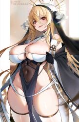 Rule 34 | 1girl, absurdres, azur lane, bare shoulders, black gloves, blonde hair, blush, breasts, cleavage, covered navel, gloves, hair between eyes, halo, highres, horns, implacable (azur lane), large breasts, long hair, long sleeves, looking at viewer, parted lips, patreon username, pelvic curtain, red eyes, smile, solo, thighhighs, thighs, tofuubear, white thighhighs, wide sleeves