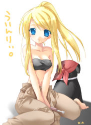 Rule 34 | 00s, 1girl, baggy pants, bandana, bandeau, barefoot, blonde hair, blue eyes, breasts, den (fma), dog, fullmetal alchemist, midriff, narrow waist, pants, ponytail, screwdriver, small breasts, smile, solo, strapless, tomboy, tube top, winry rockbell