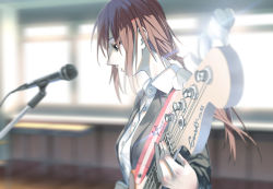 Rule 34 | 1girl, bass guitar, black cardigan, blurry, blurry background, brown hair, buttons, cardigan, classroom, from side, instrument, long hair, low ponytail, microphone, nail, original, pale skin, ponytail, school, shirt, solo, upper body, white shirt, window, zxlai