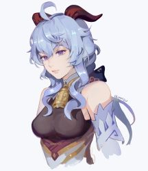 Rule 34 | 1girl, ahoge, bad id, bad twitter id, bare shoulders, bell, blue hair, bodystocking, breasts, clivenzu, closed mouth, commentary, cowbell, detached sleeves, ganyu (genshin impact), genshin impact, goat horns, hair between eyes, highres, horns, long hair, long sleeves, looking at viewer, medium breasts, neck bell, purple eyes, signature, simple background, smile, solo, white background