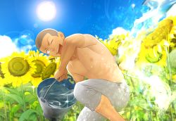 Rule 34 | 1boy, bucket, bucket of water, commentary, connie springer, day, field, flower, flower field, itto (mentaiko), looking at viewer, male focus, muscular, muscular male, one eye closed, pants, shaved head, shingeki no kyojin, smile, summer, sun, sunflower, sunflower field, sweatpants, topless male, yellow eyes