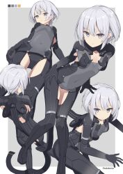 Rule 34 | 1girl, black bodysuit, bodysuit, breasts, closed mouth, color guide, commentary request, covered navel, grey background, grey eyes, grey hair, highres, makadamixa, mecha musume, multiple views, original, small breasts, twitter username, two-tone background, white background