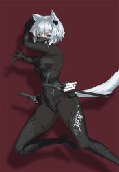 Rule 34 | 1girl, animal ear fluff, animal ears, arm up, arms up, between fingers, black bodysuit, black footwear, black gloves, blue eyes, bodysuit, boots, breasts, clothing cutout, commentary request, covered navel, feet out of frame, gloves, gluteal fold, grey hair, highres, holding, holding weapon, impossible bodysuit, impossible clothes, mask, medium breasts, original, pointy ears, red background, sheath, sheathed, short hair, simple background, solo, sword, tail, tail through clothes, thigh boots, tsukira (amayadori), weapon