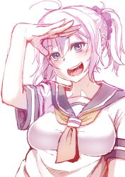 Rule 34 | 1girl, ahoge, aoba (kancolle), blue sailor collar, blush, breasts, commentary request, hair between eyes, hair ornament, hair scrunchie, kantai collection, looking at viewer, medium breasts, miyoshi (triple luck), neckerchief, ponytail, purple eyes, purple hair, purple scrunchie, sailor collar, salute, school uniform, scrunchie, serafuku, smile, solo, teeth, tongue, upper body, white background, yellow neckerchief