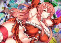 Rule 34 | :p, armpits, blush, box, breasts, cameltoe, christmas, circussion, demon tail, detached sleeves, feet out of frame, gift, gift box, huge breasts, navel, one eye closed, original, panties, red eyes, red hair, red thighhighs, skirt, smile, sweat, tail, thighhighs, thighs, tongue, tongue out, underwear