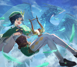 Rule 34 | 1boy, aito, aqua eyes, bard, belt, black footwear, braid, brown belt, cape, dragon, feathers, floating, floating hair, flower, full body, genshin impact, gradient hair, green cape, green feathers, green hat, green shorts, harp, hat, hat flower, highres, holding, holding instrument, instrument, long sleeves, looking to the side, male focus, multicolored hair, open mouth, pantyhose, shirt, shorts, sky, smile, solo, twin braids, venti (genshin impact), white pantyhose, white shirt
