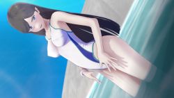 Rule 34 | 1girl, 3d, artist request, black hair, breasts, competition swimsuit, curvy, female focus, highleg, highleg swimsuit, highres, kumashiro maya, long hair, looking at viewer, nipples, one-piece swimsuit, seikimatsu occult gakuin, solo, swimsuit, upper body, water, white one-piece swimsuit