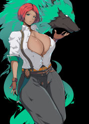 Rule 34 | absurdres, belt, blouse, breasts, cleavage, colored skin, dark-skinned female, dark skin, fingerless gloves, giovanna (guilty gear), gloves, green eyes, green fur, guilty gear, guilty gear strive, highres, large breasts, looking at viewer, owner1657, pants, rei (guilty gear), shirt, solo, suspenders, thick thighs, thighs, wolf