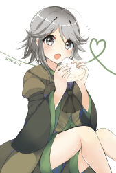 Rule 34 | 1other, androgynous, ascot, black shirt, brown ascot, brown coat, brown shorts, coat, commentary request, dated, food, green trim, grey eyes, grey hair, heart, heart of string, highres, holding, holding food, houlen yabusame, len&#039;en, long sleeves, notice lines, onigiri, open mouth, other focus, ougi hina, shirt, short hair with long locks, shorts, simple background, sitting, smile, solo, white background, wide sleeves