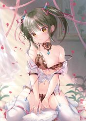 Rule 34 | 1girl, :o, bare shoulders, bed, bed sheet, bedroom, black hair, blush, bow, bow bra, bra, breasts, choker, collarbone, curtains, day, dengeki moeou, fingernails, garter straps, gem, hair ribbon, head tilt, highres, indoors, jewelry, kodama haruka, lace, lace bra, lace choker, lace panties, long fingernails, looking at viewer, medium hair, navel, necklace, off shoulder, on bed, open mouth, original, panties, petals, pillow, pink ribbon, puffy short sleeves, puffy sleeves, red ribbon, ribbon, shirt, short sleeves, sitting, small breasts, solo, sousouman, spaghetti strap, stomach, strap slip, thighhighs, twinbox school, twintails, underwear, wariza, white shirt, white thighhighs, yellow eyes