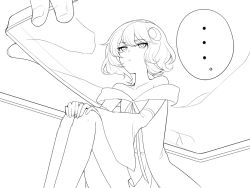 Rule 34 | ..., 10s, 1girl, :t, bare shoulders, greyscale, hair ornament, hands on own knees, hitoto, lineart, mini person, minigirl, monochrome, piruluk, short hair, sitting, solo focus, wixoss