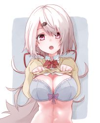 Rule 34 | 1girl, :o, bow, bow bra, bowtie, bra, breasts, cardigan, collared shirt, dress shirt, grey hair, hair ornament, hair ribbon, hairclip, highres, large breasts, lifting own clothes, long hair, long sleeves, low ponytail, mm (mm chair), nijisanji, pink eyes, red bow, red ribbon, ribbon, school uniform, shiina yuika, shiina yuika (1st costume), shirt, sleeves past wrists, solo, sweater, underwear, upper body, very long hair, virtual youtuber, white bra, white shirt, yellow sweater
