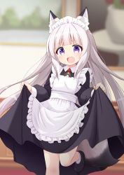 Rule 34 | 1girl, ;d, absurdres, animal ears, apron, clothes lift, dress, dress lift, fang, fox ears, fox tail, highres, lifting own clothes, long hair, long sleeves, maid, maid apron, maid headdress, mogura2009, one eye closed, open mouth, original, purple eyes, smile, solo, tail, very long hair