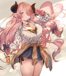 Rule 34 | 1girl, alternate costume, animal print, ayacho, bangle, blue eyes, bow, bra, bracelet, braid, breasts, bright pupils, cellphone, cleavage, closed mouth, clothes around waist, crown braid, dot mouth, draph, drink, earrings, granblue fantasy, gyaru, hair bow, hair ornament, hair over one eye, heart, heart hair ornament, horns, jacket, jacket around waist, jewelry, kogal, large breasts, leopard print, long hair, low-tied long hair, miniskirt, multiple earrings, narmaya (granblue fantasy), necklace, no nose, panties, partially unbuttoned, phone, pink hair, pointy ears, school uniform, shirt, side-tie panties, skirt, solo, stud earrings, underwear, very long hair, white shirt